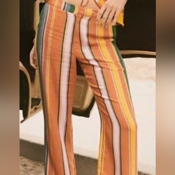 Free People Anthropologie Women’s Boho Striped Pants Orange Green Pink Blue 4 - Picture 1 of 13